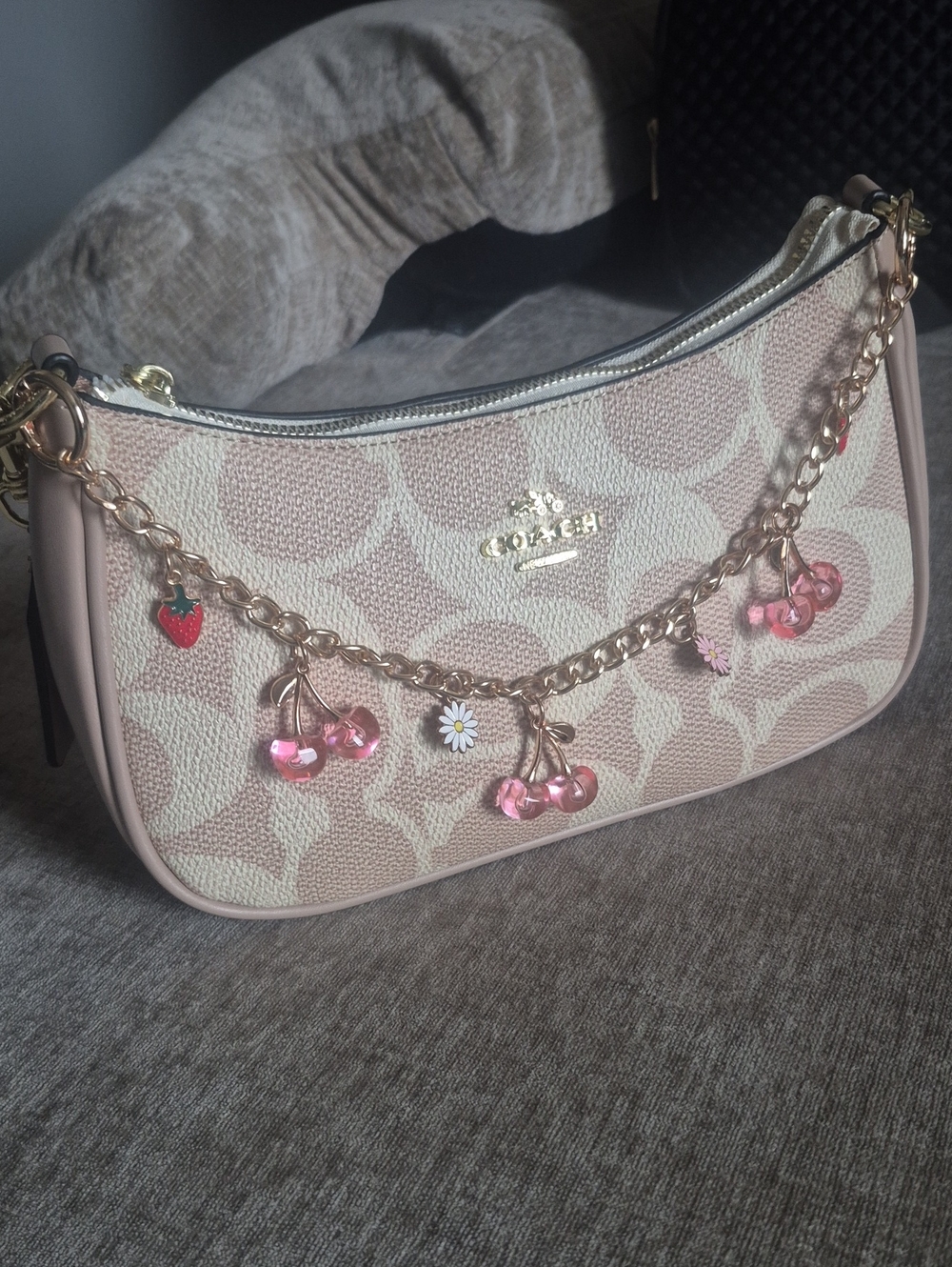 Coach Blush Signature Canvas Shoulder Bag with Pink Charm Chain